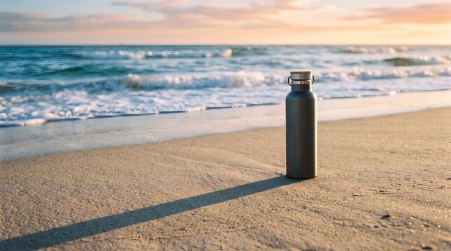 Reusable water bottle on beach sand. Eco friendly flask for hydration at the seaside.