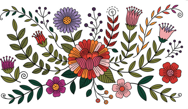 Traditional folk art embroidery layout presenting mexican otomi style blooming wildflowers botanical vine scrolls colorful bouquet