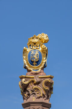 Golden lion at the market fountain at the parliament in Wiesbaden