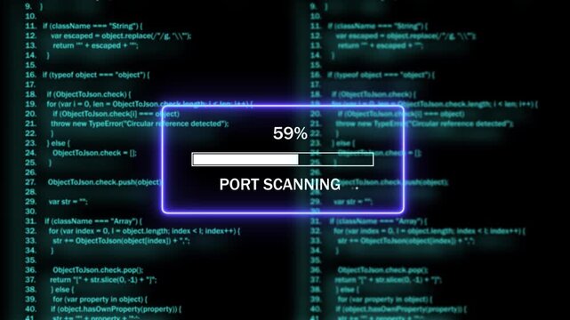 Cyber security port scanning progress bar animation over digital source code background, featuring real-time network, vulnerability assessment and, advanced data processing, for information technology