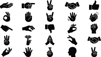 Obraz premium Hand Gestures and Communication Silhouette Vector Icon Set Featuring Handshake Thumbs Up Pointing Fingers Ok Sign Clapping and Rock On Human Expression Symbols