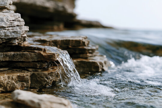 This serene image captures the beauty of water cascading over smooth stones, showcasing the tranquility and harmony of a natural aquatic landscape.