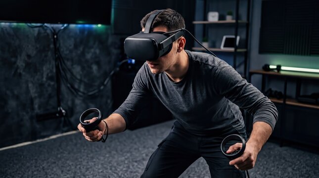 Gamer Immersed in Virtual Reality Adventure Wearing VR Headset