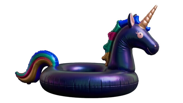 inflatable unicorn pool float with rainbow mane, isolated on transparent background