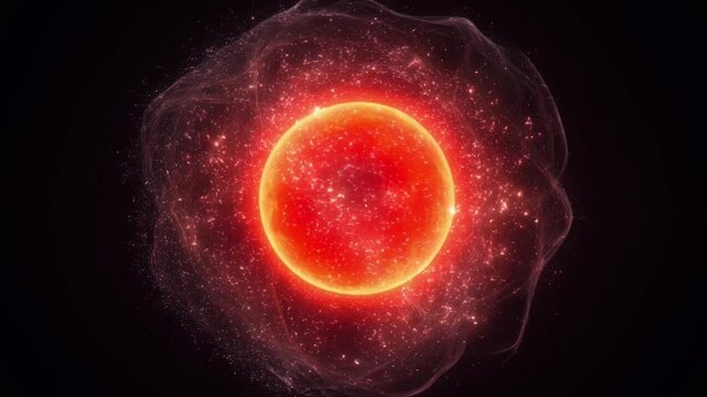 Mesmerizing vibrant red cosmic energy orb glowing intensely in deep space, depicting a powerful stellar core or abstract scientific phenomenon