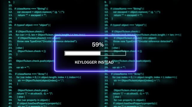 Cybersecurity threat simulation featuring a malicious keylogger software installation progress bar overlaying complex blue matrix programming source code for advanced network hacking and data