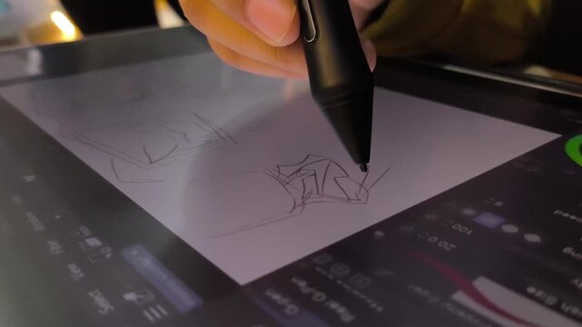 Hand draws sketch on digital tablet with stylus. Focus on pen tip and screen interface. User creates design with steady, precise motion. Ideal for creative professionals or digital art projects