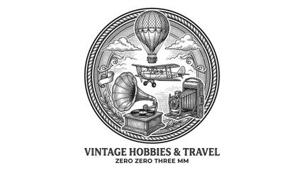 Vintage Hobbies and Travel Emblem with Hot Air Balloon and Biplane © jono