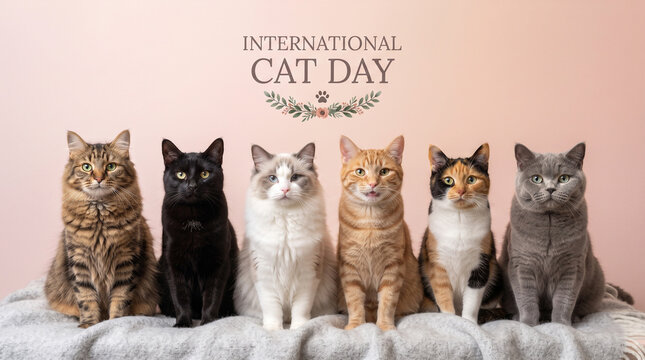 Group of six different cats sitting together on blanket with sitting row domesticated companions friendship beautiful portrait adorable with whiskers