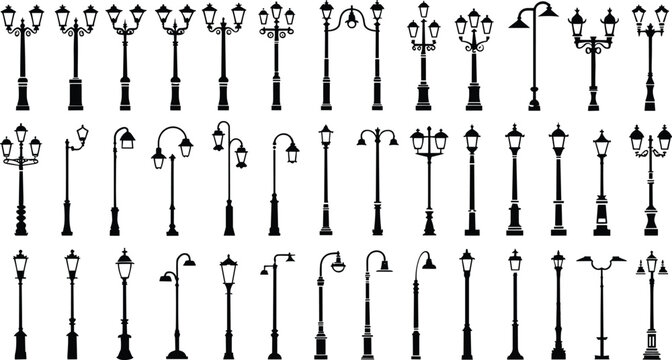 Vintage street lamppost silhouettes presenting municipal boulevard illumination fixtures park lanterns city lighting infrastructure catalog