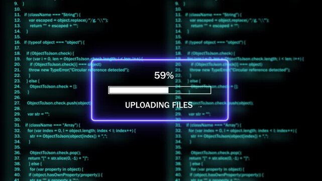 Dynamic digital progress bar animation featuring real-time file uploading process overlaid on scrolling software source code background, for modern tech, interfaces, cyber security, and web