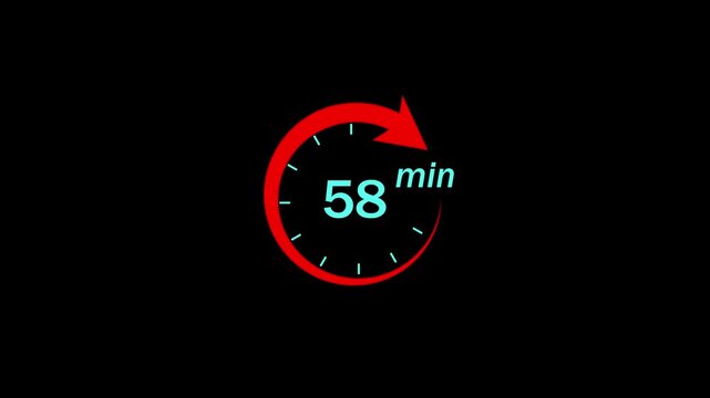 Dynamic digital countdown timer featuring a fifty-eight minute duration with a rotating red circular arrow indicator on a clean black background, for broadcast and, interface use