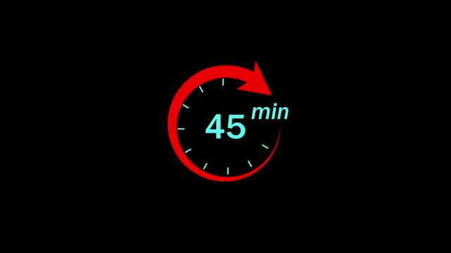 Dynamic 45 minute countdown timer animation with red circular arrow progress indicator on a clean black background, for time management, productivity tracking, and, efficient project scheduling