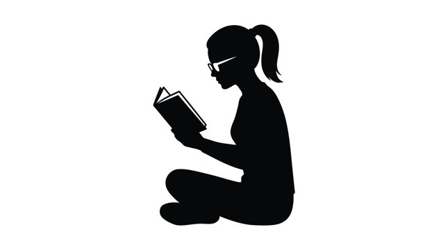 Adobe Illustrator ArtwoBlack silhouette of a young woman wearing glasses while sitting and reading an open bookrk