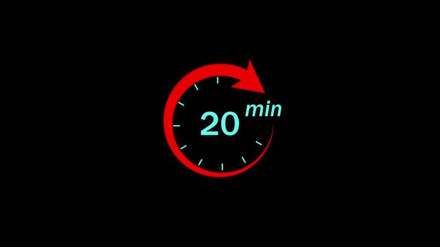 Twenty minute countdown timer with red circular loading arrow animation on black background, for time management, productivity tracking, digital, presentations, and efficient, workflow scheduling