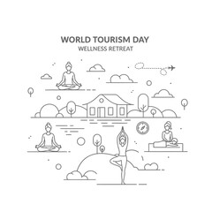 Obraz premium Line art illustration of wellness travel featuring yoga meditation spa massage and outdoor recreation in a peaceful natural landscape setting