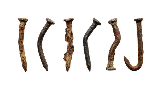 Set of old rusty metal nails isolated on transparent background