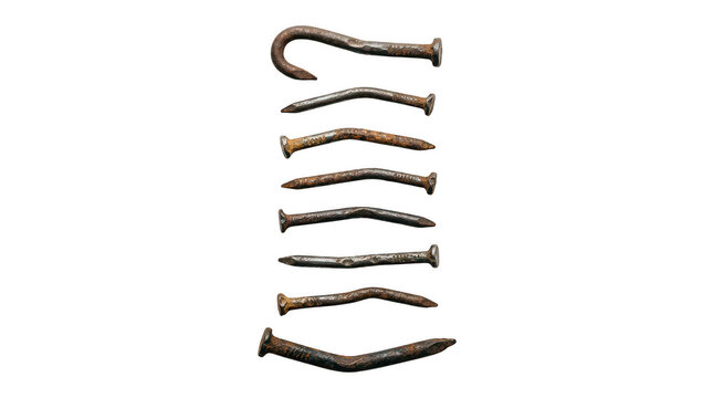 Set of old rusty metal nails and screws isolated on transparent background