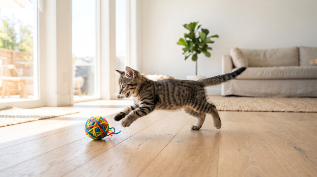 Playful tabby kitten chasing colorful yarn ball toy on wooden floor with kitten pouncing multicolored small tabby entertainment lifestyle with domestic