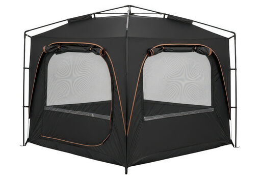 Black pop up tent with mesh windows outdoors isolated on transparent background