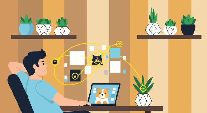 Man interacting with digital content on laptop, connecting with pets online in a cozy home setting.