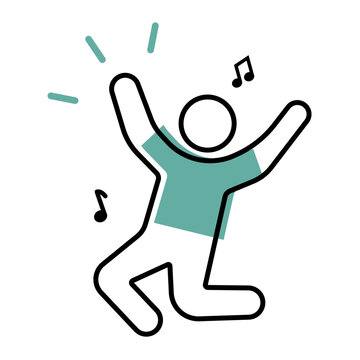Pictogramme vectoriel d&rsquo;une personne qui saute de joie, les bras lev&eacute;s, au son de la musique. Illustration minimaliste noire et turquoise sur fond blanc pour concert, festival, victoire, &eacute;venement