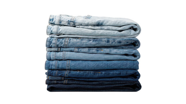 Stack of folded blue denim jeans pants isolated on transparent background