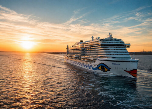 Editorial-Aufnahme der AIDAnova bei Sonnenuntergang auf See. Modernes Kreuzfahrtschiff der AIDA Cruises auf einer Reise im offenen Meer mit beeindruckender Abendstimmung.