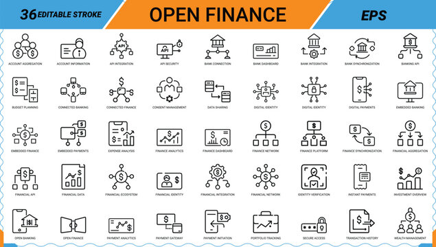 Set of open finance outline icons for banking api and financial technology service apps.