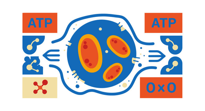 Illustration of a cell showing energy input and output with molecular exchange.