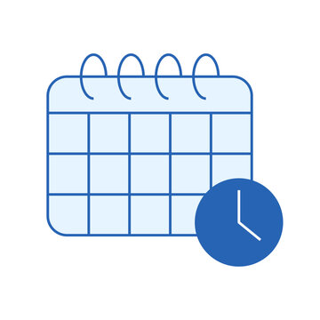 Blue business icon of calendar clock, flat vector symbol for planning, deadline, reminder, agenda, meeting and time control tasks. Clean, isolated illustration on light background