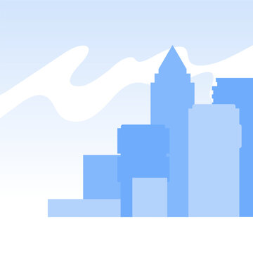 Abstract blue city silhouette, layered towers and flowing clouds. Minimal modern vector background created for banners, websites, apps, covers and digital ads