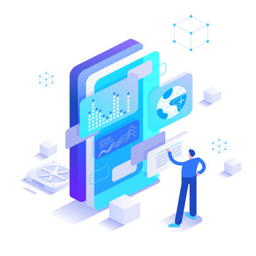 Vertical digital dashboard with analytics widgets, cloud symbols and interactive business interface. Isometric technology vector illustration for mobile applications and online reporting