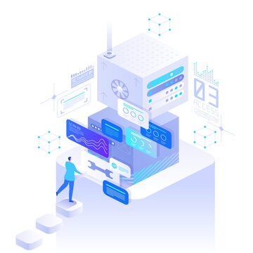 Minimal data center scene with secure cloud exchange, server blocks and digital workflow interface. Isometric technology concept vector illustration for networking and infrastructure control