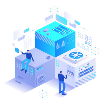 High performance computing unit with cooling systems, cloud controls and futuristic digital panels. Isometric technology vector illustration for server maintenance and AI infrastructure