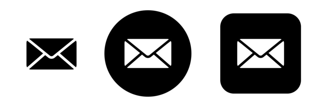 Mail button icon set with email, envelope and message symbols. Communication icons for inbox, email apps, notifications and web UI