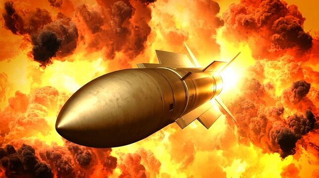 Military missile flying through a massive fiery explosion with bright orange smoke and intense light