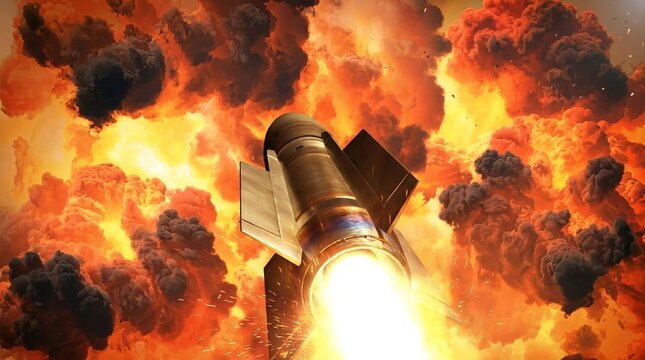 Military missile launch flying through a massive fiery explosion with bright orange flames and black smoke