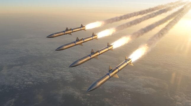 Military missiles flying above clouds with bright exhaust trails during a golden hour sunset scene