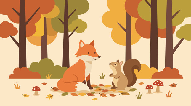 A charming flat design illustration features a friendly fox and a curious squirrel interacting peacefully in a vibrant autumn forest. 