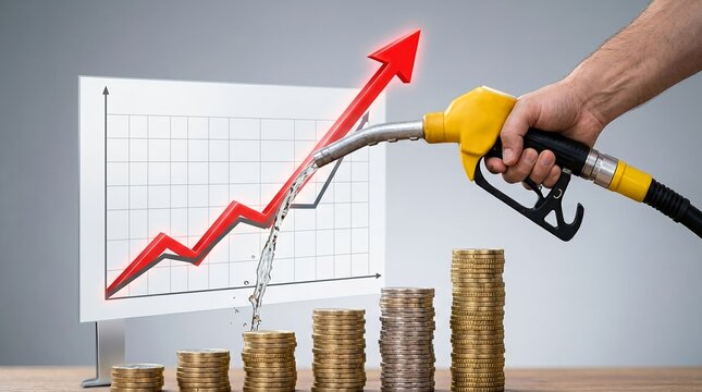 Fuel pump nozzle pouring liquid onto stacks of gold coins with a rising price graph background