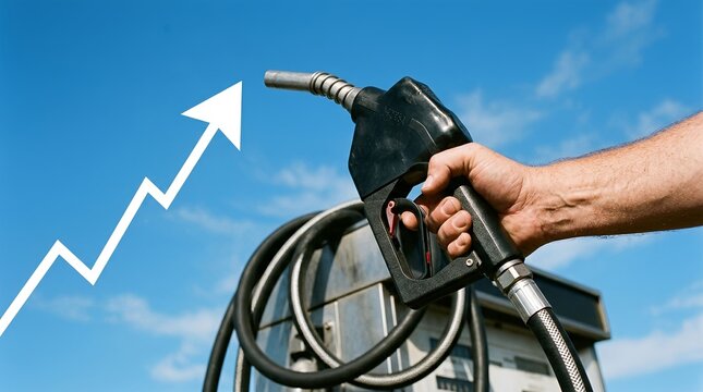 Gasoline fuel nozzle held in hand with a rising white arrow graph representing high energy prices