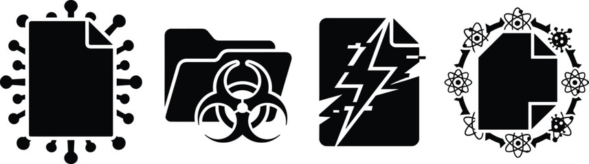 Cyber Security and Infected Data Document Silhouette Vector Icon Set Featuring Computer Virus Biohazard Folders Damaged Files and Malware Cyberattack Signs © MdAlom