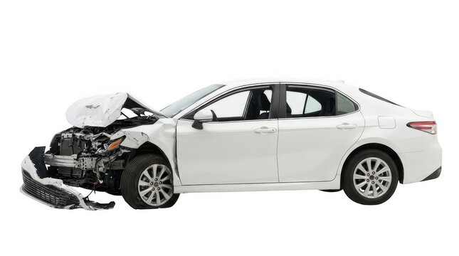 White car involved in a major road crash isolated on transparent background