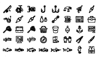 : Modern Fishing Equipment and Fish Line Icon Collection Editable Stroke Vector Set Isolated on White Background © MdAman