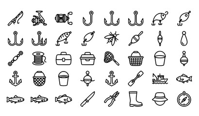 Simple Fishing Line Icon Set with Fish Hook Rod Reel Net Buoy and Fisherman Equipment Editable Stroke Vector EPS10 © MdAman