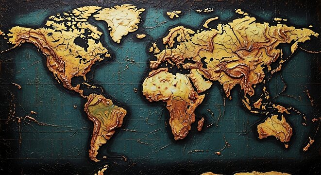 World map illustration with gold textured continents on a dark teal grid background for global business