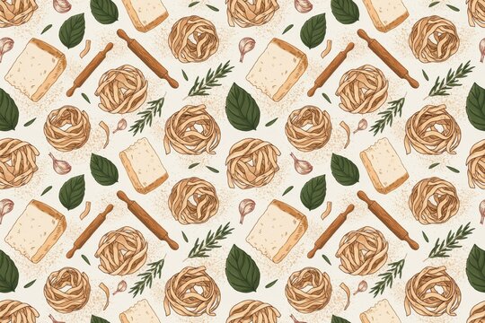 Hand drawn seamless pattern featuring italian pasta nests, wooden rolling pins, fresh green basil leaves, and garlic cloves on a light background