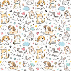 Fototapeta premium Seamless vector pattern with cute funny animal faces including cats, dogs, and cows, adorable cartoon wallpaper design for kids and babies