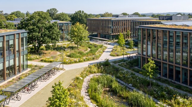 Modern Sustainable Corporate Office Campus with Green Rooftops and Landscaped Ecological Garden